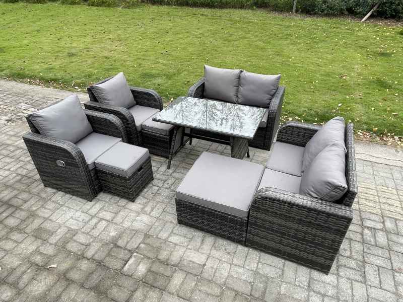 Fimous Wicker PE Rattan Garden Dining Set Outdoor Furniture Sofa with Rectangular Dining Table 3 Footstools Dark Grey Mixed