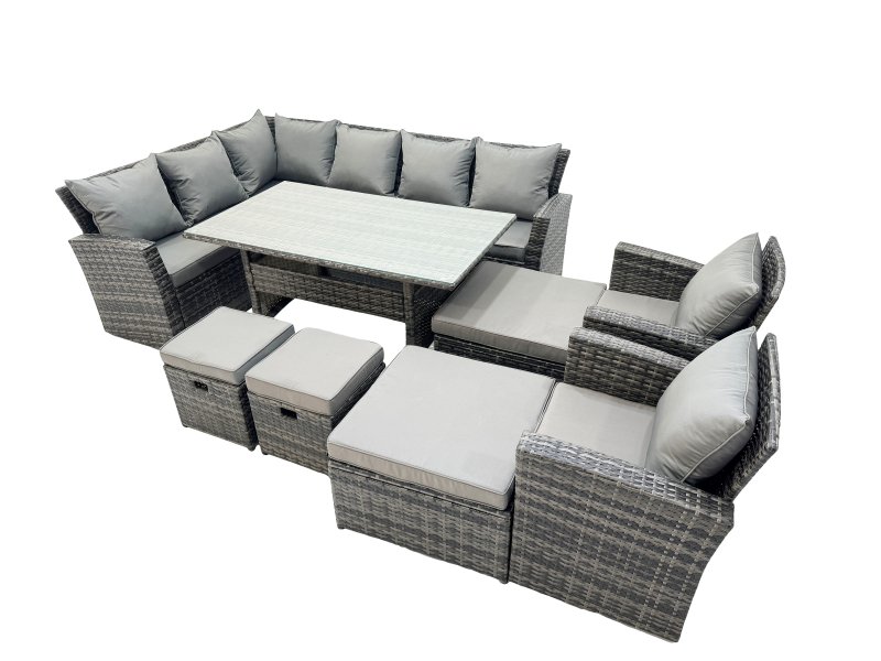 Fimous 12 Seat Rattan High Back Corner Sofa Set Patio Dining Table Set with 4 Stools 2 Chair Dark Grey Mixed