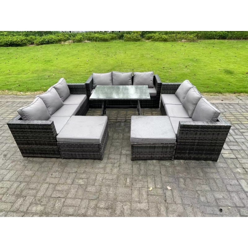 Fimous 11 Seater Wicker PE Rattan Outdoor Furniture Lounge Sofa Garden Dining Set with Dining Table 2 Big Footstools Dark Grey Mixed
