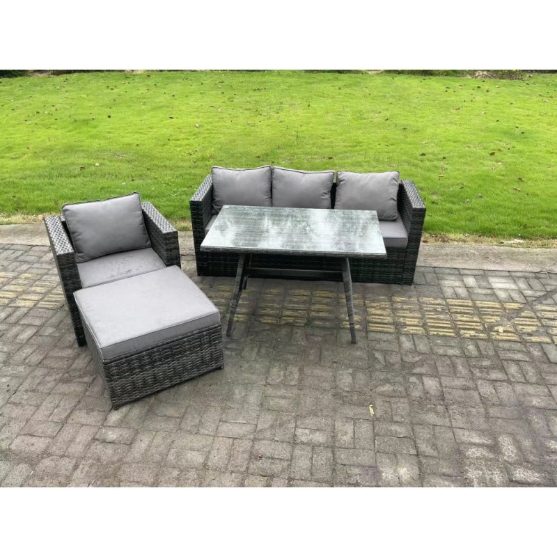 Fimous Rattan Outdoor Furniture Garden Dining Set with Oblong Dining Table Armchair Big Footstool Dark Grey Mixed