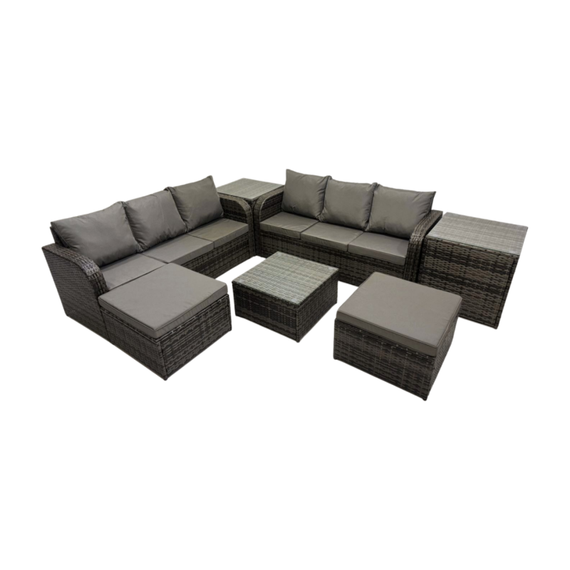 Fimous Rattan Garden Outdoor Furniture Set 3 Seater Sofa Square Coffee Table Set with 2 Big Stools 2 Side Table Dark Grey Mixed