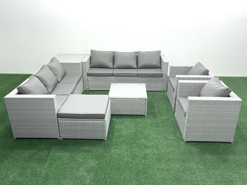Fimous Outdoor Rattan Sofa Garden Furniture Set with 2 Armchairs Square Coffee Table Big Footstool Side Table Light Grey Mixed