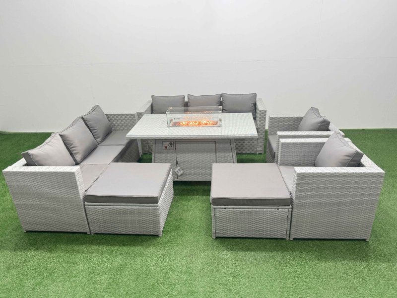 Fimous 10 Seat PE Rattan Lounge Sofa Set Outdoor Garden Furniture Set with Firepit Dining Table 3 Seater Sofa 2 Big Footstool Light Grey