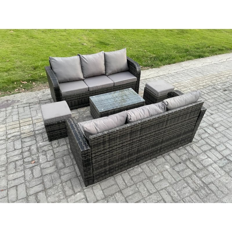 Fimous Outdoor Garden Furniture Sets 8 Seater Wicker Rattan Furniture Sofa Sets with Rectangular Coffee Table 3 Seater Sofa 2 Small Footstools Dark Grey Mixed
