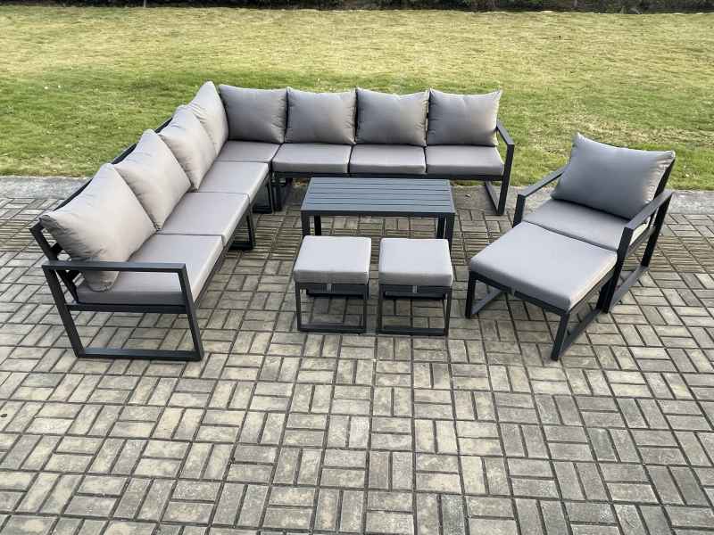 Fimous Aluminium Outdoor Garden Furniture Set Lounge Corner Sofa Oblong Coffee Table Chair Sets with 3 Footstools Dark Grey