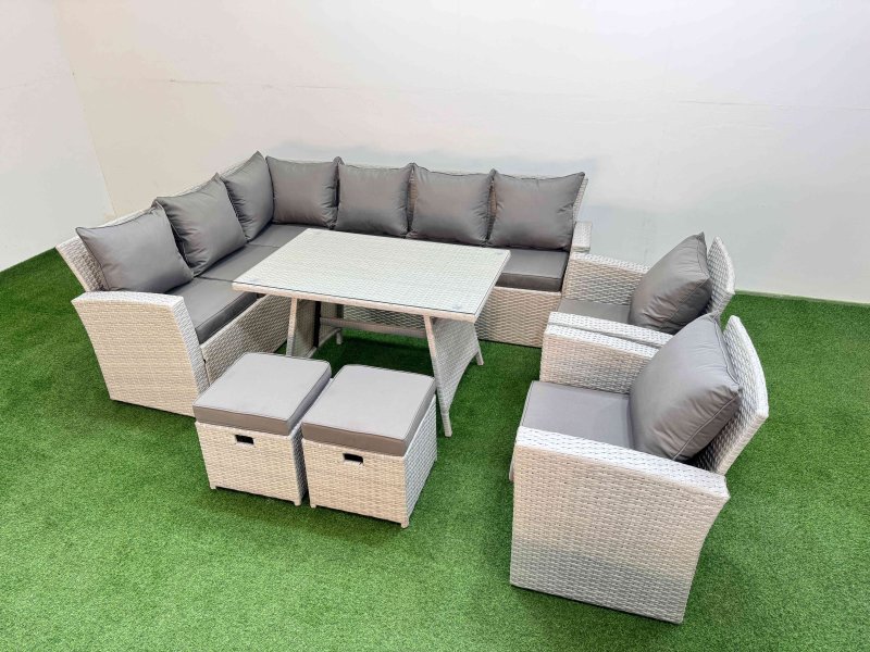 Fimous Garden Outdoor Rattan Furniture Set Rattan Corner Sofa Oblong Dining Table with 2 Armchairs 2 Small Footstools Light Grey Mixed 10 Seater