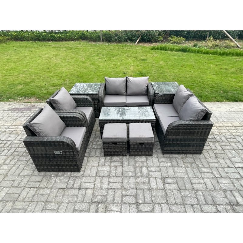 Fimous 9 Piece Rattan Garden Furniture Set Outdoor Patio Sofa, Table and Chairs Coffee Table 2 Small Footstools Ideal for Pool Side, Balcony, Outdoor and indoor Conservatory Patio Set