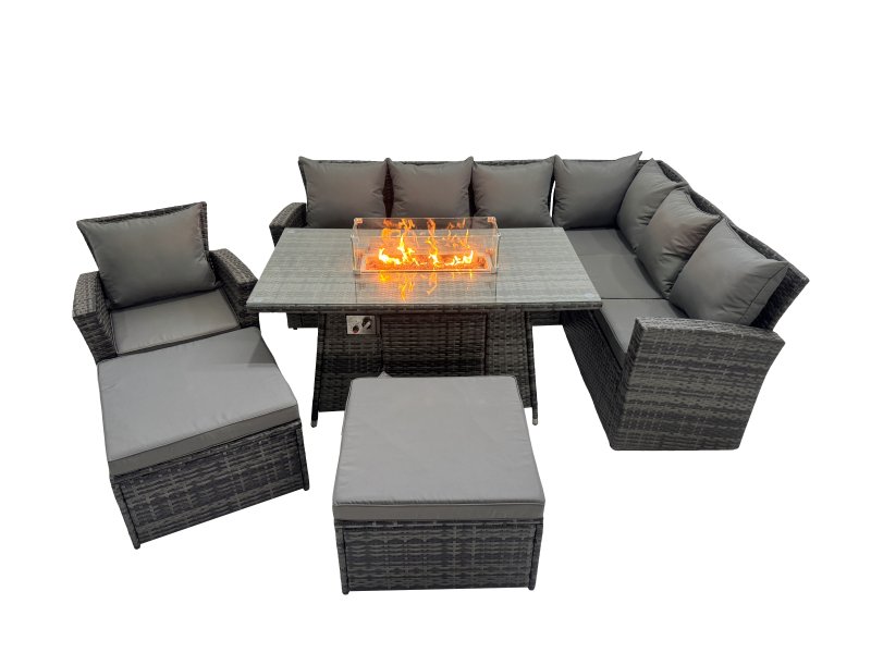 Fimous Outdoor Furniture Garden Dining Set Rattan Corner Sofa Chair Set Gas Fire Pit Table with Temper Glass 2 Big Footstools Dark Grey Mixed