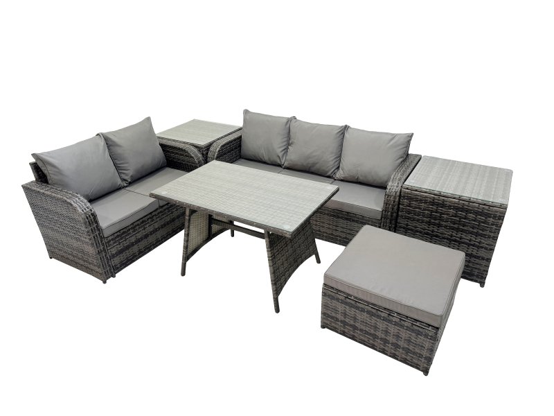 Fimous Garden Rattan Outdoor Furniture Set 6 Seater with Love Sofa 3 Seater Sofa 2 Side Table Big Stool Dark Grey