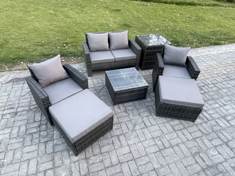 Fimous Rattan Wicker Garden Furniture Patio Conservatory Sofa Set with Square Coffee Table Armchair 2 Seater Sofa 2 Big Footstool Side Table