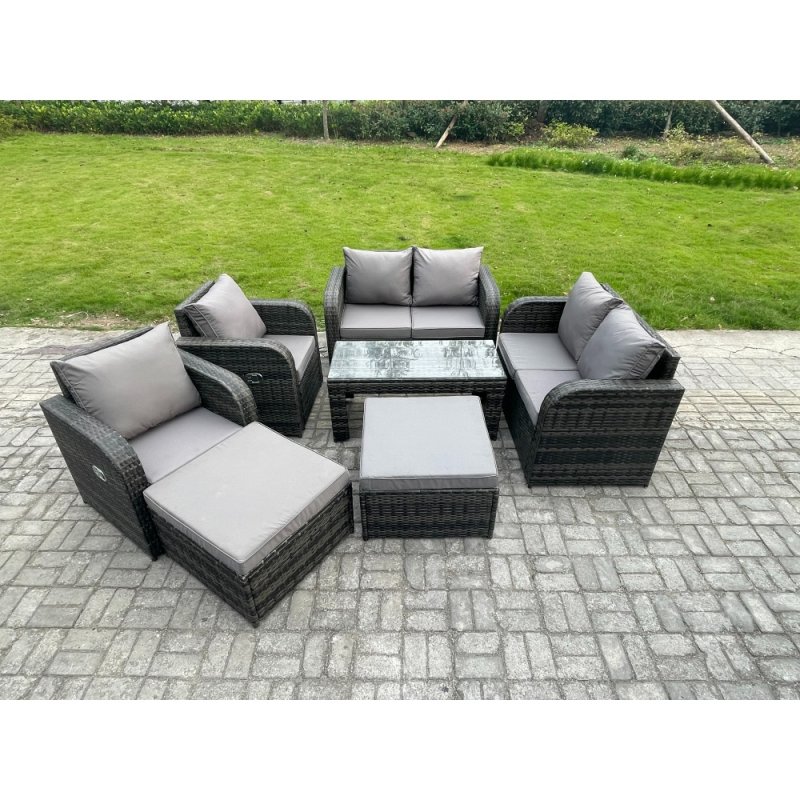 Fimous 8 Seater Rattan Wicker Garden Furniture Patio Conservatory Sofa Set with Rectangular Coffee Table Reclining Chair Love Sofa 2 Big Footstool