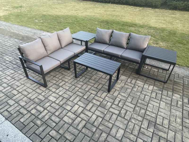 Fimous Aluminium 5 Pieces Outdoor Garden Furniture Lounge Sofa Set with Oblong Coffee Table 2 Side Tables Dark Grey