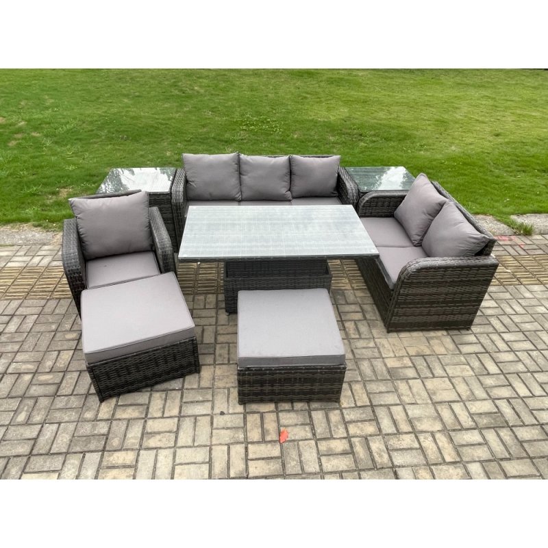 Fimous 8 Seater Outdoor Rattan Garden Furniture Set Height Adjustable Rising lifting Dining Table Love Sofa Chair With 2 Side Tables 2 Big Footstool Dark Grey Mixed