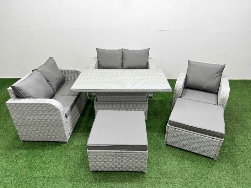 Fimous High Back Poly Rattan Garden Furniture Set with Reclining Chair Loveseat Sofa Adjustable Lifting Dining or Coffee Table Indoor Outdoor Patio Set 2 Big Stool Light Grey