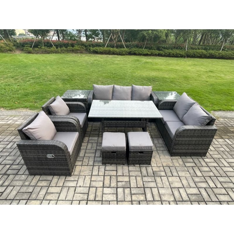 Fimous 9 Seater Garden Rattan Furniture Dining Table Sofa Set Indoor Outdoor with 2 Reclining Chairs 2 Side Tables 2 Small Footstools Dark Grey Mixed