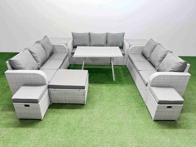 Fimous 12 Seat Outdoor PE Rattan Garden Furniture with Cushions 3 Seater Sofa 2 Side Tables 3 Stool Light Grey
