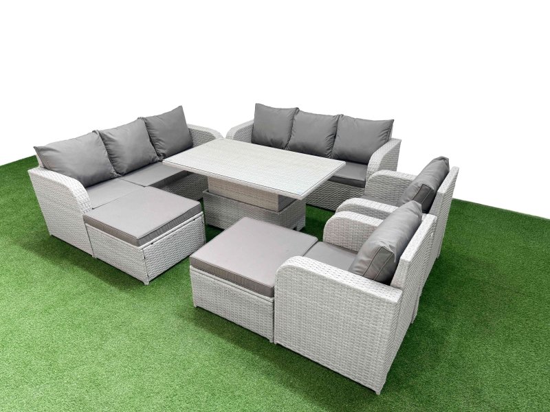 Fimous PE Rattan High Back Lounge Sofa Set Patio Adjustable Lifting Dining or Coffee Table & Chairs Set with 3 Seater Sofa Reclining Chair 2 Big Footstool Light Grey