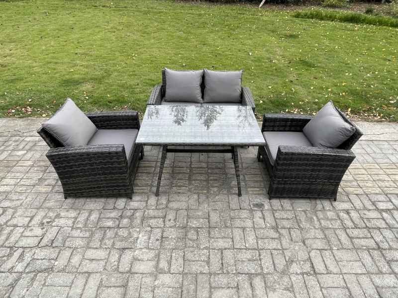 Fimous Outdoor Garden Furniture High Back Rattan Sofa Dining Table Set Dark Grey Mixed