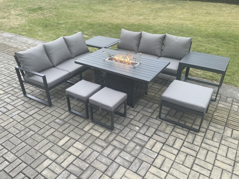Fimous Aluminium Outdoor Lounge Sofa Garden Furniture Sets Gas Fire Pit Dining Table Set with 3 Footstools 2 Side Tables Dark Grey