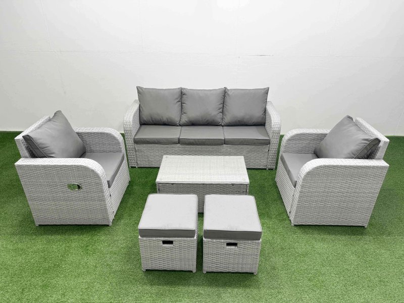 Fimous PE Rattan Garden Furniture Set Reclining Chair Sofa Lounge Sofa Set Oblong Coffee Table 2 Small Stools Light Grey