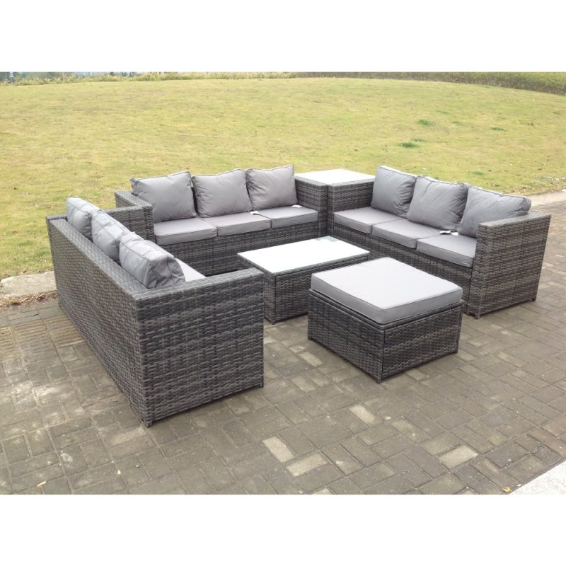 Fimous Outdoor Rattan Garden Furniture Lounge Sofa Set With Oblong Coffee Table And Side Tall High Table With Big Footstool