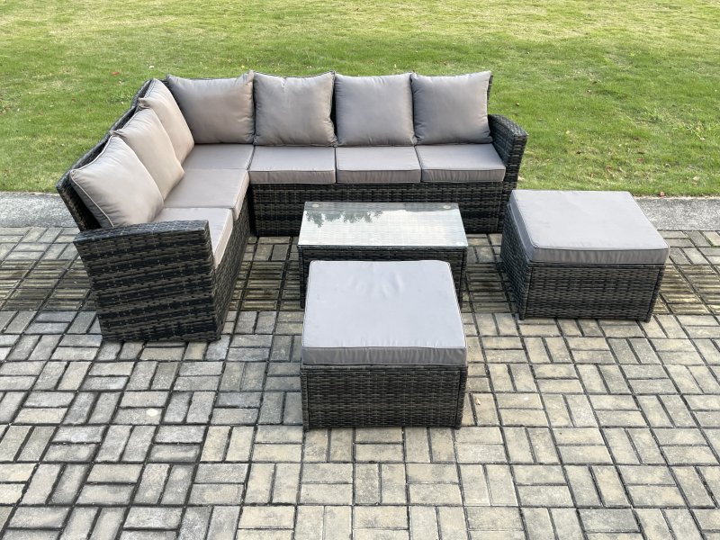 Fimous 8 Seater High Back Outdoor Garden Furniture Set Rattan Corner Sofa Set With Rectangular Coffee Table 2 Big Footstool Dark Grey Mixed