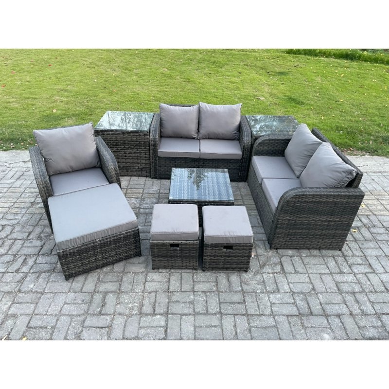 Fimous PE Rattan Garden Furniture Sets Outdoor Love Sofa Chair Set Square Coffee Table 2 Side Tables 3 Footstools