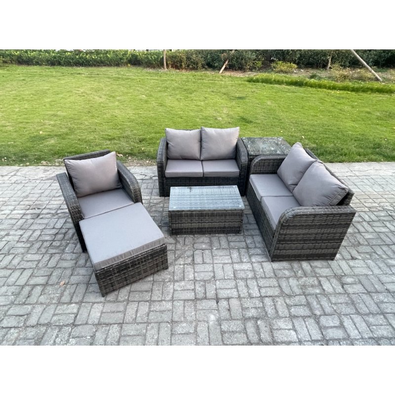 Fimous High Back Rattan Garden Furniture Set with Loveseat Sofa Rectangular Coffee Table Big Footstool Side Table Indoor Outdoor Patio Lounge Sofa Set Dark Grey Mixed