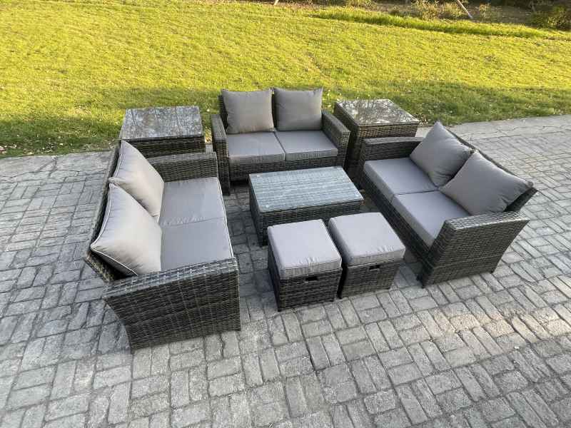 Fimous 8pc Rattan Sofa Garden Furniture Outdoor Patio Set with 2 Side Tables 2 Small Footstools Love Seat Sofa Dark Grey Mixed