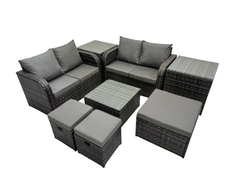 Fimous Rattan Garden Outdoor Furniture Set Love Sofa Square Coffee Table Set with 2 Side Tables 3 Stools Dark Grey Mixed
