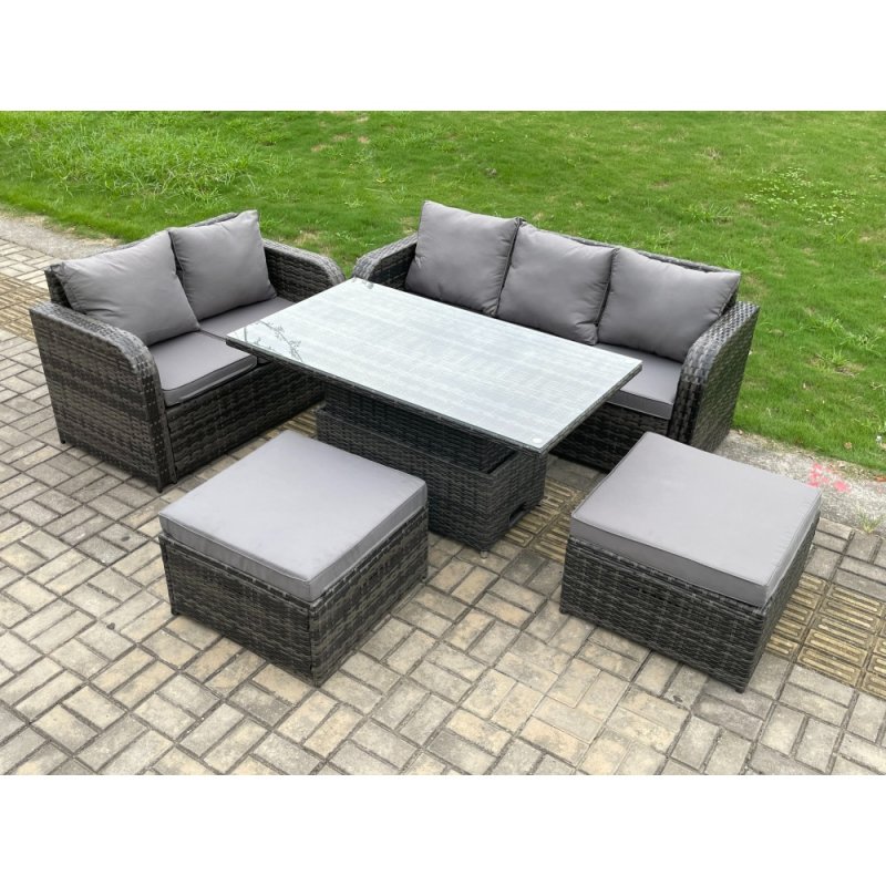 Fimous Outdoor Rattan Garden Furniture Sets Height Adjustable Rising lifting Dining Table Lounge Sofa Set With 2 Big Footstool Dark Grey Mixed