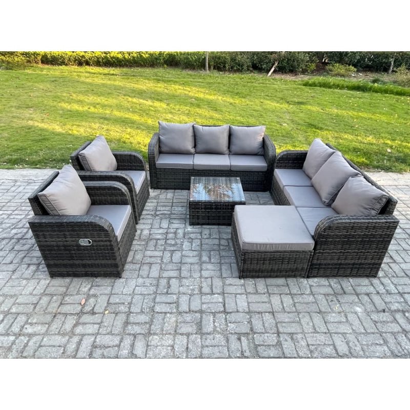 Fimous High Back Rattan Garden Furniture Set with Square Coffee Table Big Footstool Indoor Outdoor Patio Lounge Sofa Set Dark Grey Mixed