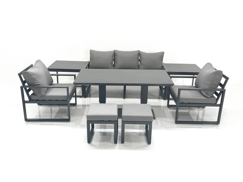 Fimous Outdoor Aluminium Garden Furniture Set with Adjustable Rising Lifting Dining Table 3 Seater Sofa 2 Chair 2 Small Footstools 2 Side Tables Dark Grey