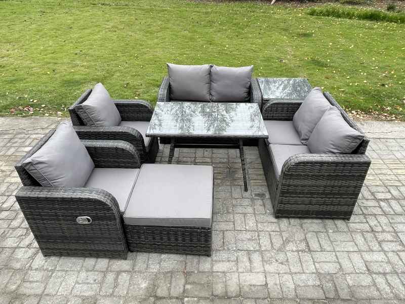Fimous Wicker PE Rattan Garden Dining Set Outdoor Furniture Sofa with Rectangular Dining Table Big Footstool Side Table Dark Grey Mixed
