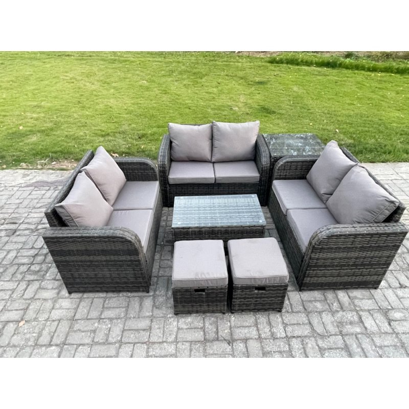 Fimous Outdoor Garden Furniture Sets 8 Seater Wicker Rattan Furniture Sofa Sets with Rectangular Coffee Table Love Sofa Side Table 2 Small Footstools Dark Grey Mixed