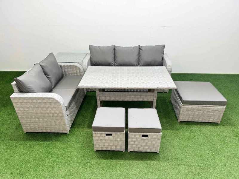 Fimous 8 Seater PE Rattan Wicker Garden Furniture Patio Conservatory Sofa Set with Rectangular Dining Table 3 Seater Sofa Love Sofa 3 Stool Side Table