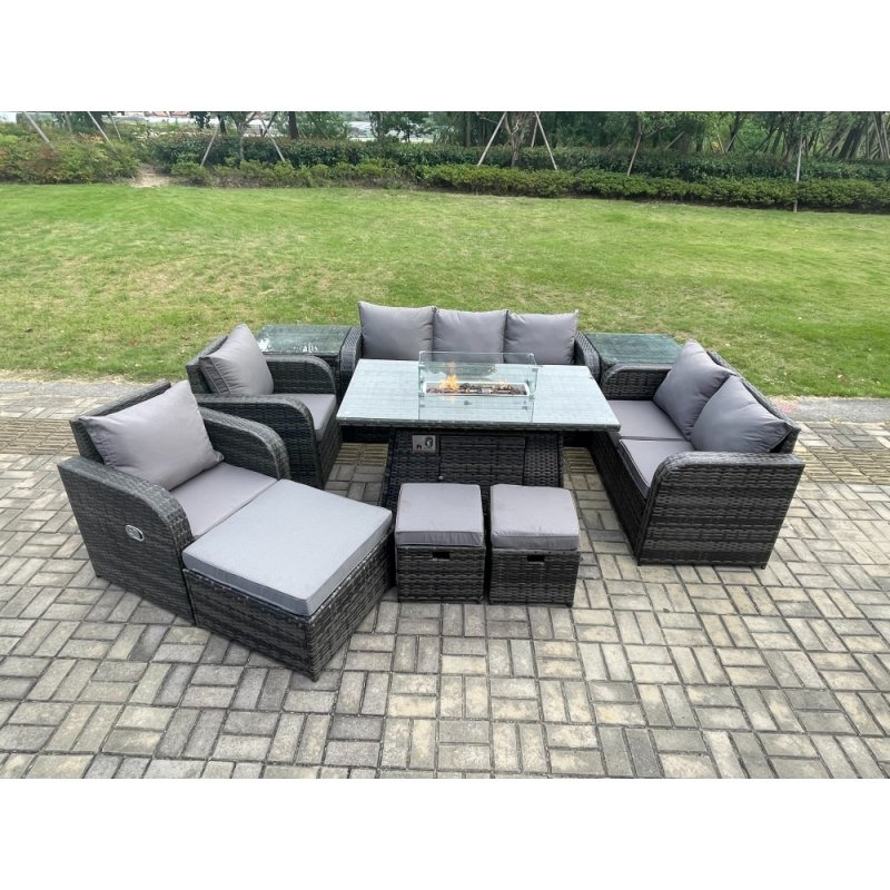Fimous PE Wicker Outdoor Rattan Garden Furniture Set Propane Gas Fire Pit Table and Sofa Chair set with 3 Footstools 2 Side Tables