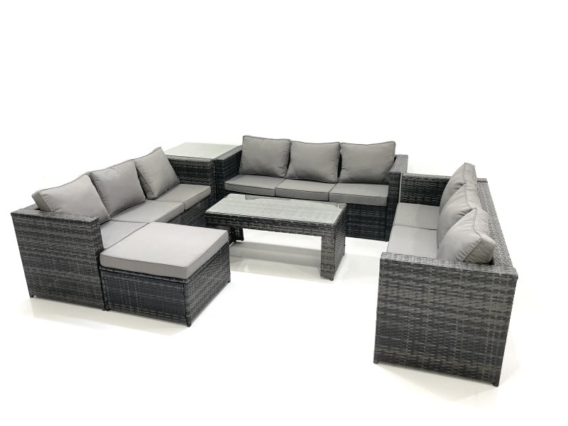 Fimous Outdoor Garden Furniture Set 10 Seater Rattan Sofa Set with Coffee Table Big Footstool Side Table Dark Grey Mixed