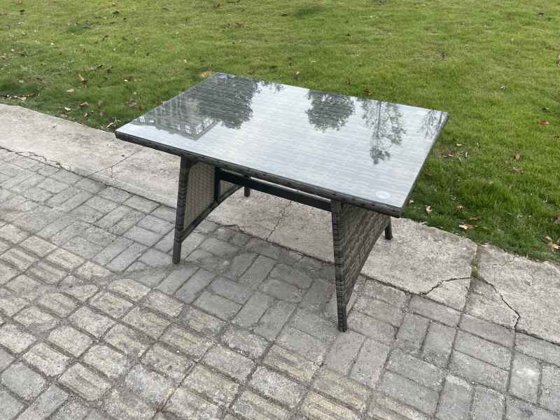 Fimous 6 Seater Garden Dining Set Wicker PE Rattan Outdoor Furniture Sofa with Rectangular Dining Table Double Seat Sofa 2 Big Footstool Side Table Dark Grey Mixed