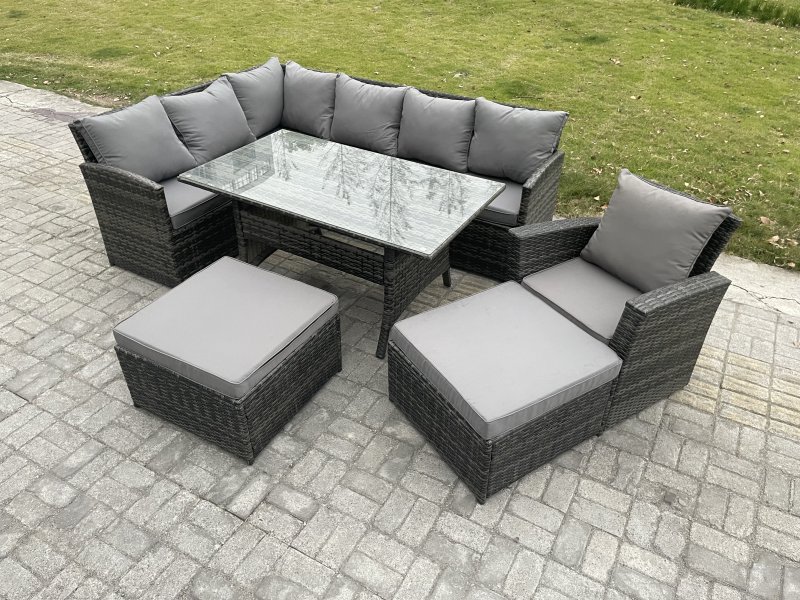 Fimous 9 Seater Outdoor Rattan Garden Furniture Set with Rectangular Dining Table 2 Big Footstool Armchiar Patio Wicker Corner Sofa Set Dark Grey Mixed