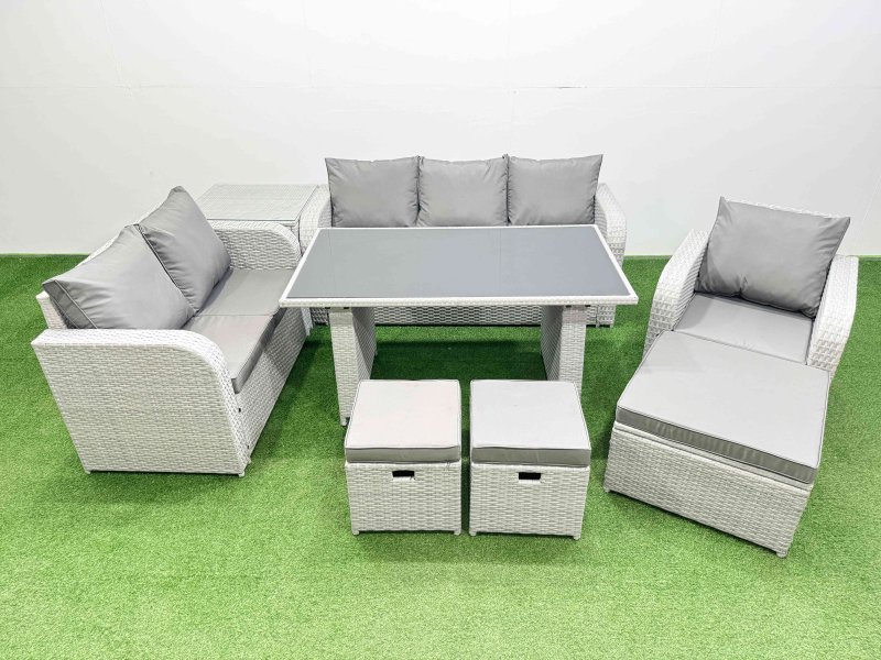 Fimous Rattan Outdoor Table Reclining Chair Sofa Set with Side Table 3 Stools Light Grey 9 Seater