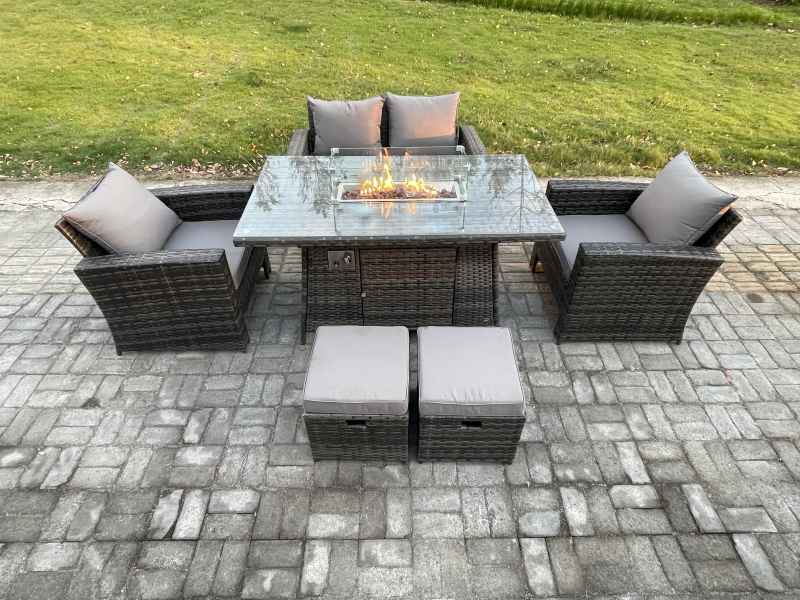 Fimous 6 Seater?Outdoor Rattan Sofa Set Garden Furniture Gas Firepit Dining Table Heater with 2 Small Footstools Dark Grey Mixed