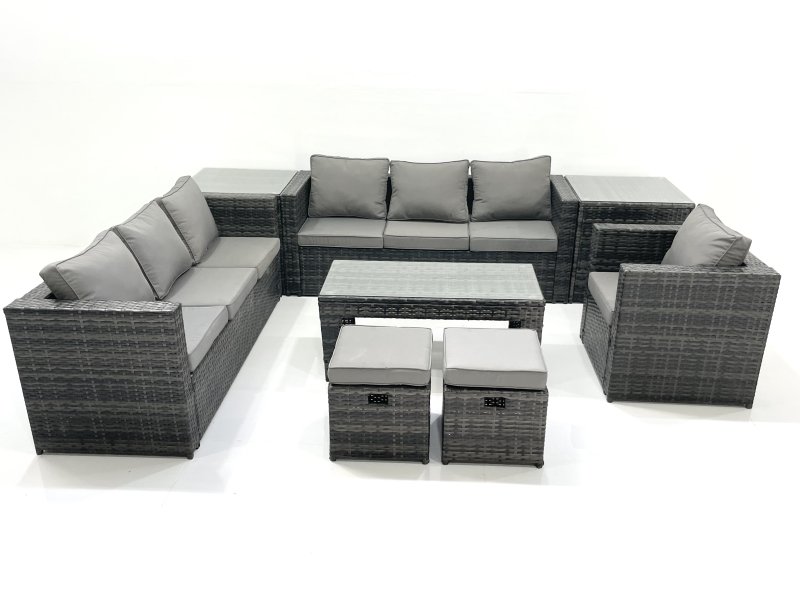 Fimous Rattan Garden Furniture Set Outdoor 9 Seater Patio Conversation Sets with Glass Top Coffee Table Stool 2 Side Tables