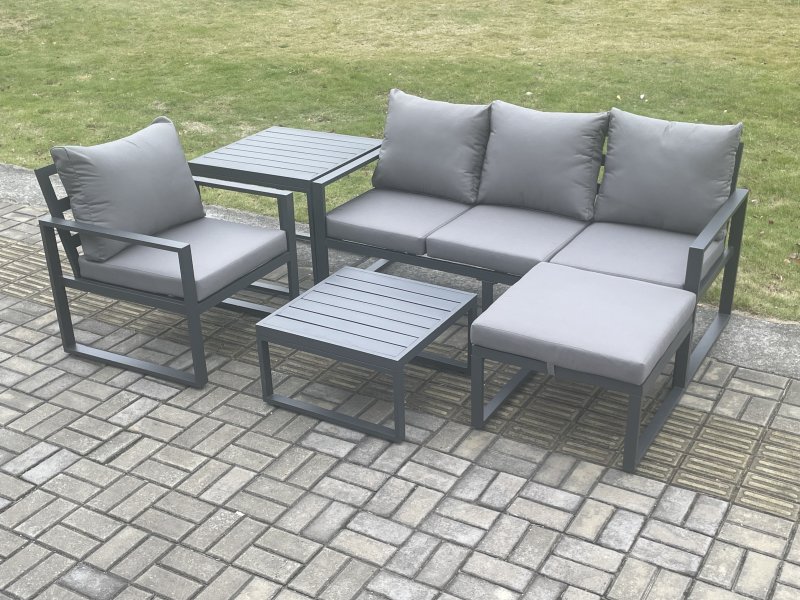 Fimous Aluminium Outdoor Garden Furniture Set Lounge Sofa Chairs Square Coffee Table Sets with Side Table Big Footstool Conservatory Set Dark Grey
