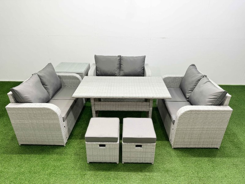 Fimous 8 Seater PE Wicker Rattan Furniture Sofa Sets with Rectangular Dining Table 2 Seater Love Sofa 2 Stool Side Table Light Grey