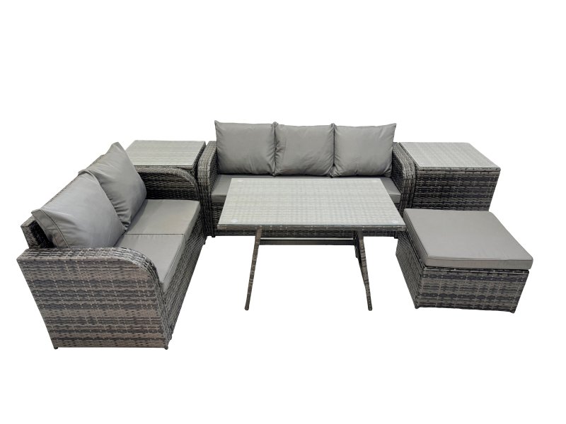 Fimous Garden Rattan Outdoor Furniture Set 6 Seater with Love Sofa 3 Seater Sofa 2 Side Table Big Stool Dark Grey