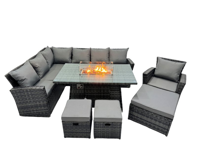 Fimous Poly Rattan Outdoor Patio Gas Firpit Dining Table Corner Sofa Set with 3 Stools Chair for Garden Backyard Dark Grey Mixed