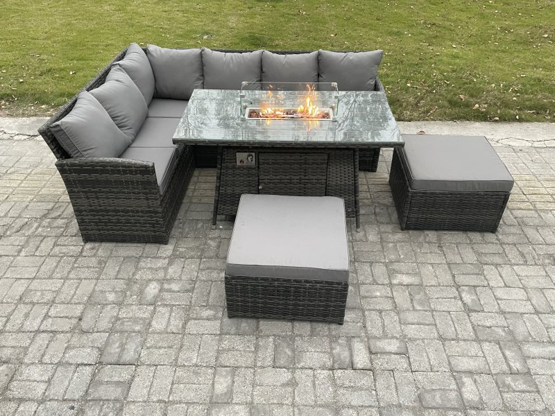 Fimous 8 Seater Rattan Garden Furniture High Back Corner Sofa Gas Fire Pit Dining Table Sets Gas Heater with 2 Big Footstool Dark Grey Mixed
