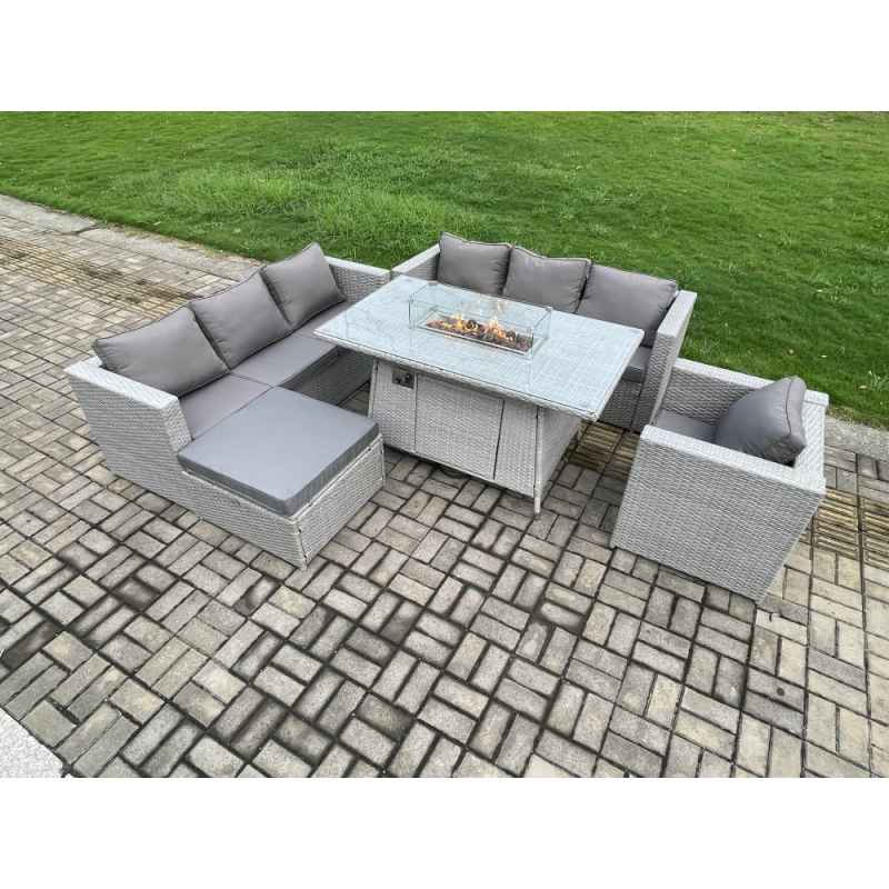 Fimous 8 Seater Outdoor Garden Dining Sets Rattan Furniture Gas Fire Pit Dining Table Gas Heater with Armchair Big Footstool Light Grey