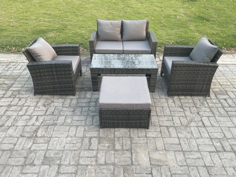 Fimous Outdoor Rattan Garden Furniture Set 5 Seater Patio Lounge Sofa Set with Coffee Table Big Footstool Dark Grey Mixed